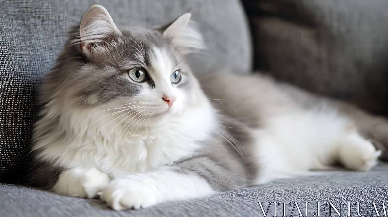 Elegant Fluffy Cat on Grey Sofa AI Image