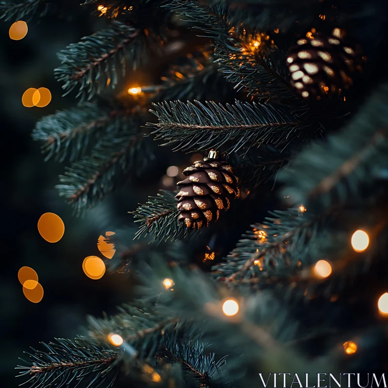 Festive Christmas Tree Pine Cones and Lights AI Image