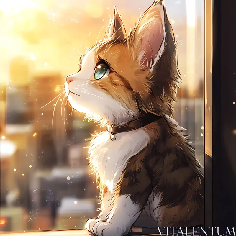 Cute Feline Watching the Sunset Over the City AI Image