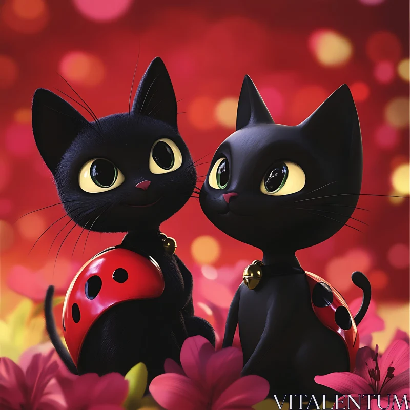 Whimsical Black Cats with Ladybug Wings AI Image