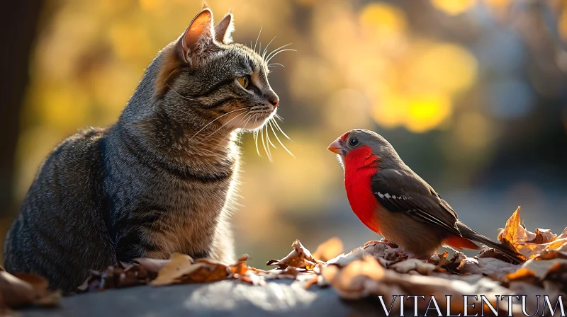 Autumn Cat and Bird Interaction AI Image