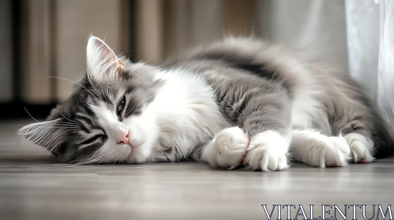 Sleeping Fluffy Gray and White Cat AI Image