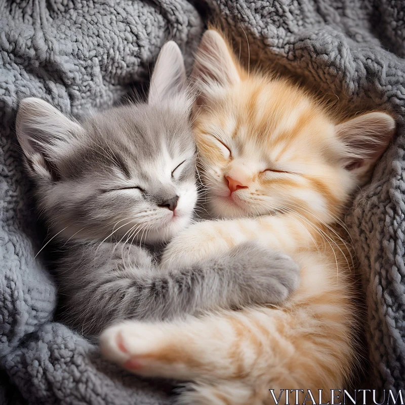 Cute Grey and Orange Kittens Comfortably Sleeping AI Image