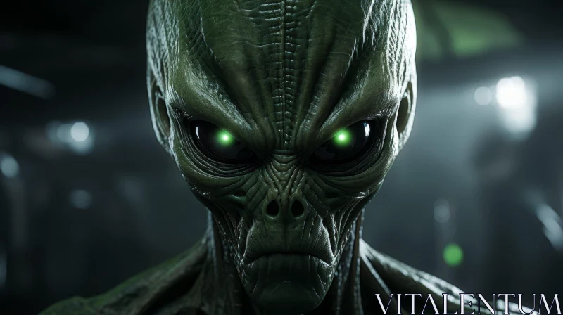AI ART Alien Close-Up - Green Alien Head with Glowing Eyes