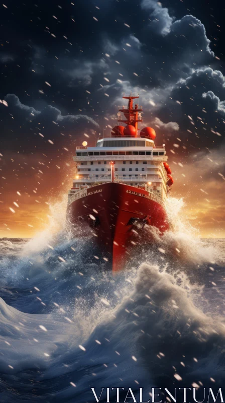 Captivating Red Ship Sailing Through Ocean Storm AI Image