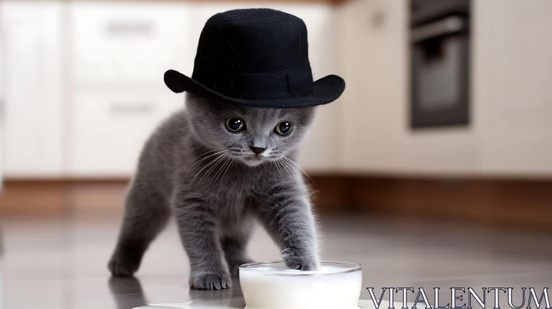 Cute Kitten with Black Hat and Milk in Kitchen AI Image