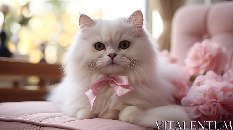 Charming White Persian Cat on Pink Chair AI Image