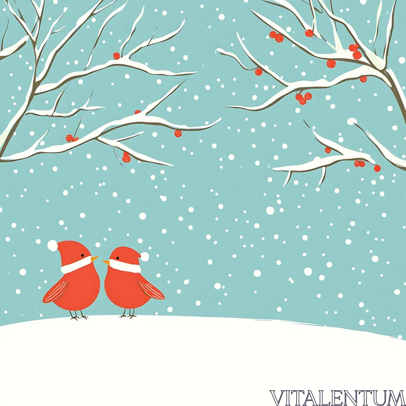 Red Birds and Snowflakes in a Holiday Artwork AI Image