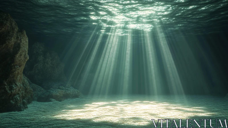 Sunbeams in Submerged Rocky Cavern AI Image