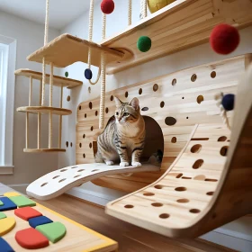 Wooden Cat Playground with Colorful Felt Balls