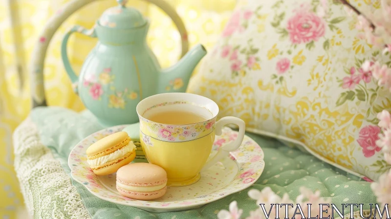Elegant Still Life Composition: Yellow Cup, Floral Saucer, and Macarons AI Image