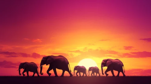 Elephants in Savanna at Sunset
