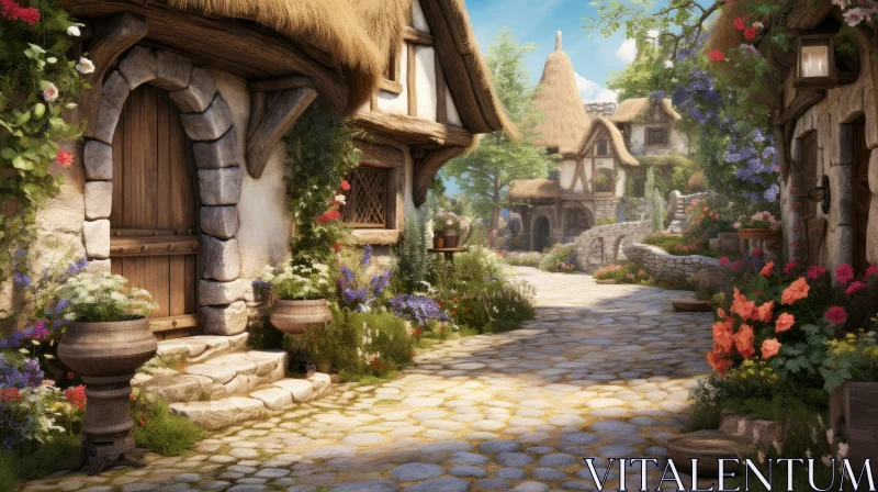 Enchanting Village Street with Blooming Flowers - Captivating Rural Scene AI Image
