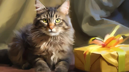 Fluffy Cat with Green Eyes and Gift Box - Curious Expression