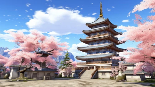 Japanese Pagoda and Cherry Blossom Serenity