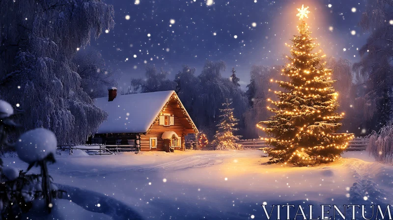 Christmas Cabin Amid Snowy Wilderness at Night AI Image