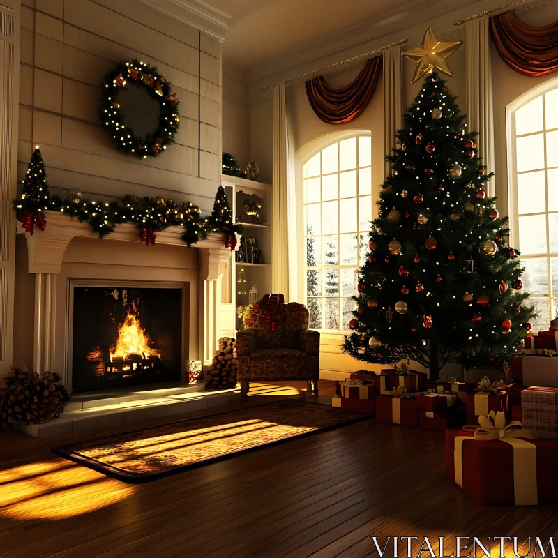 Festive Living Room with Christmas Tree and Fireplace AI Image