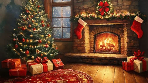 Warm Holiday Fireplace with Decorated Tree and Presents