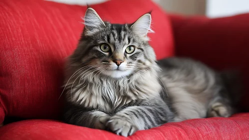 Regal Feline Resting on Red Upholstery