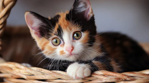 Charming Calico Kitten Relaxing in Basket