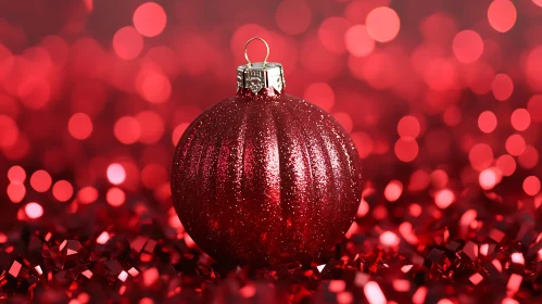 Festive Red Christmas Bauble Amidst Shiny Tinsel