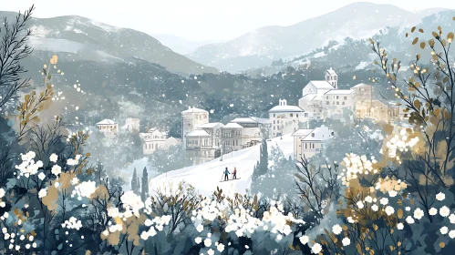 Snow-Covered Mountain Village Scene - Winter Wonderland Art