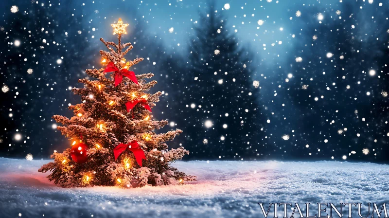 Festive Christmas Tree in a Winter Wonderland AI Image