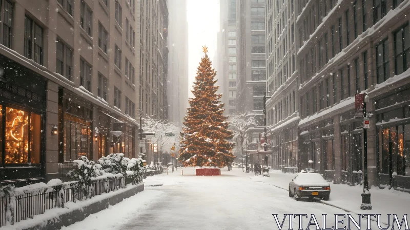 Festive Winter Cityscape with Christmas Tree AI Image