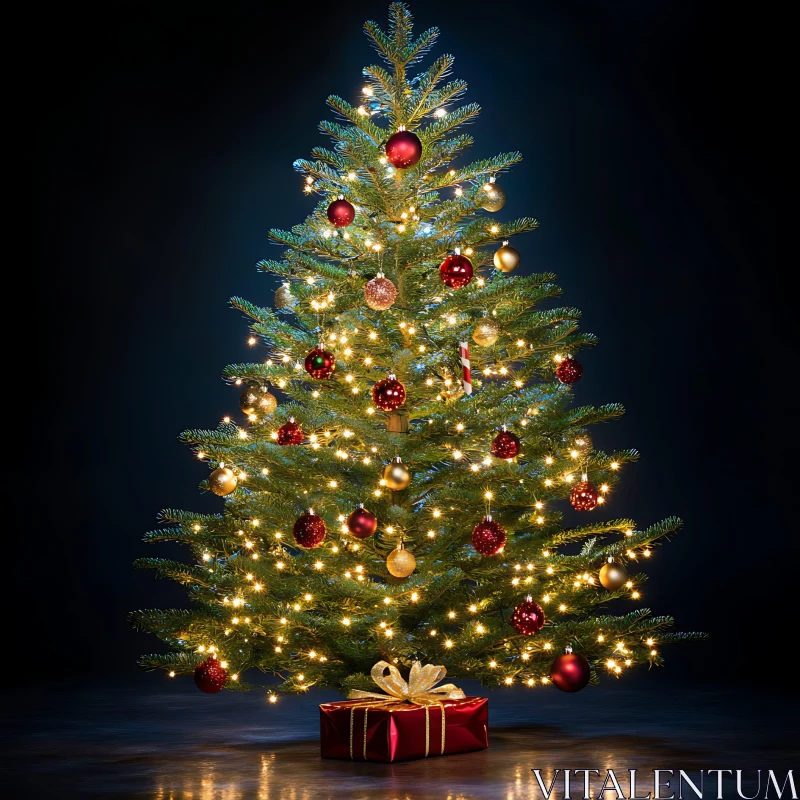 Sparkling Christmas Tree with Red and Gold Ornaments AI Image