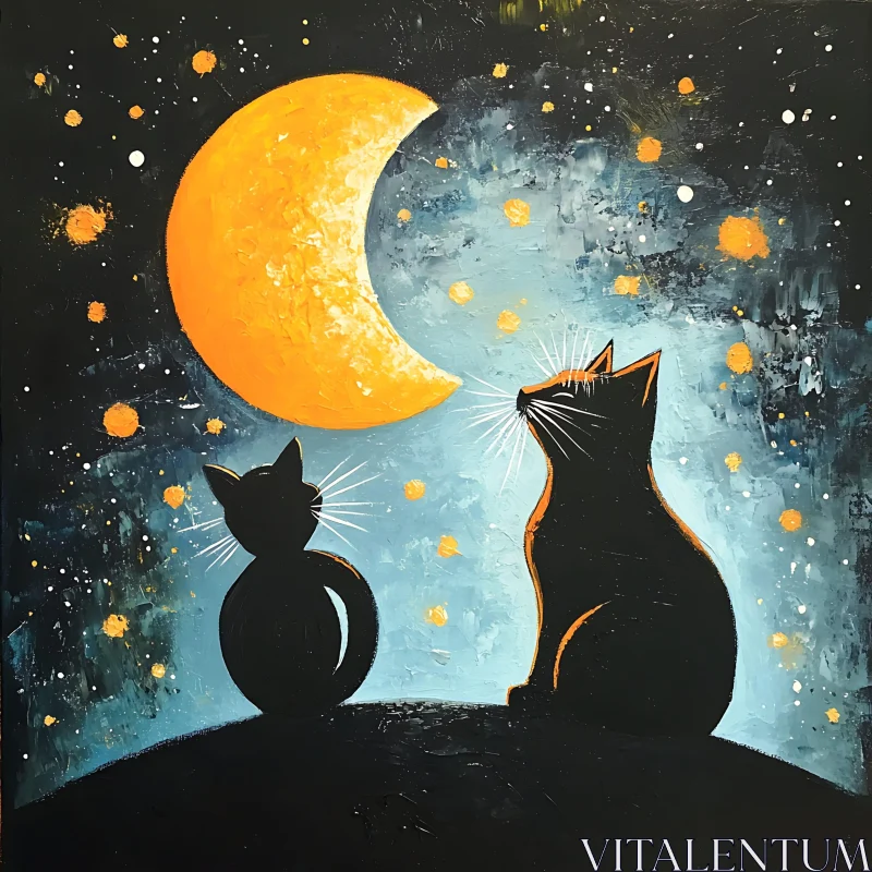 Cats Staring at Moon in Night Painting AI Image