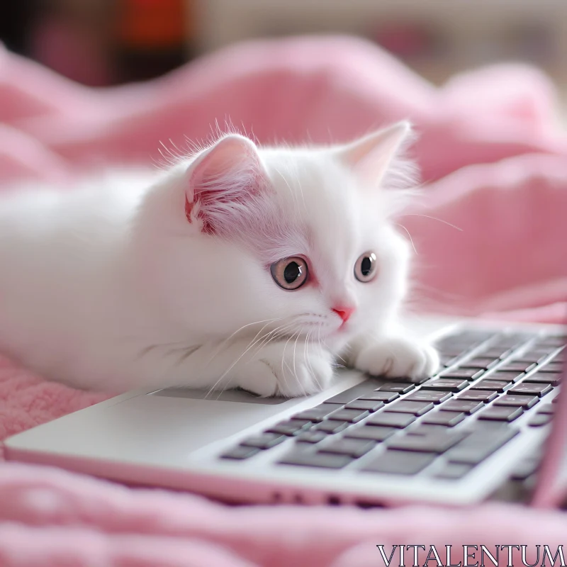 Cute Fluffy Kitten with Laptop AI Image