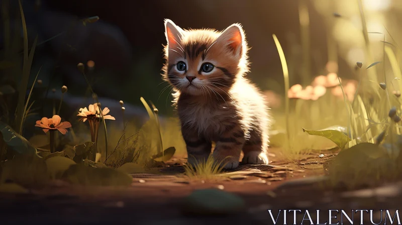 Adorable Kitten in Sunny Grass Field AI Image