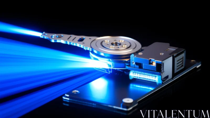 Blue Glow Hard Disk Drive on Black Surface AI Image