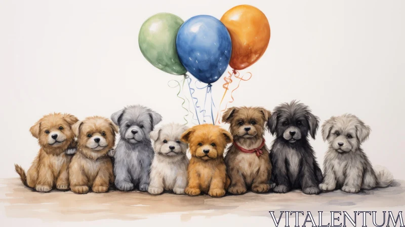 Charming Watercolor Puppies with Balloons Artwork AI Image