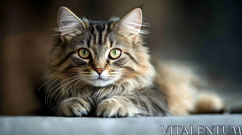 Green-Eyed Fluffy Cat Lying Down AI Image