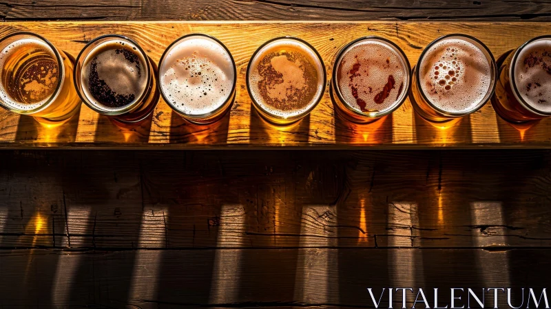 Exquisite Still Life: Six Glasses of Beer on a Wooden Table AI Image