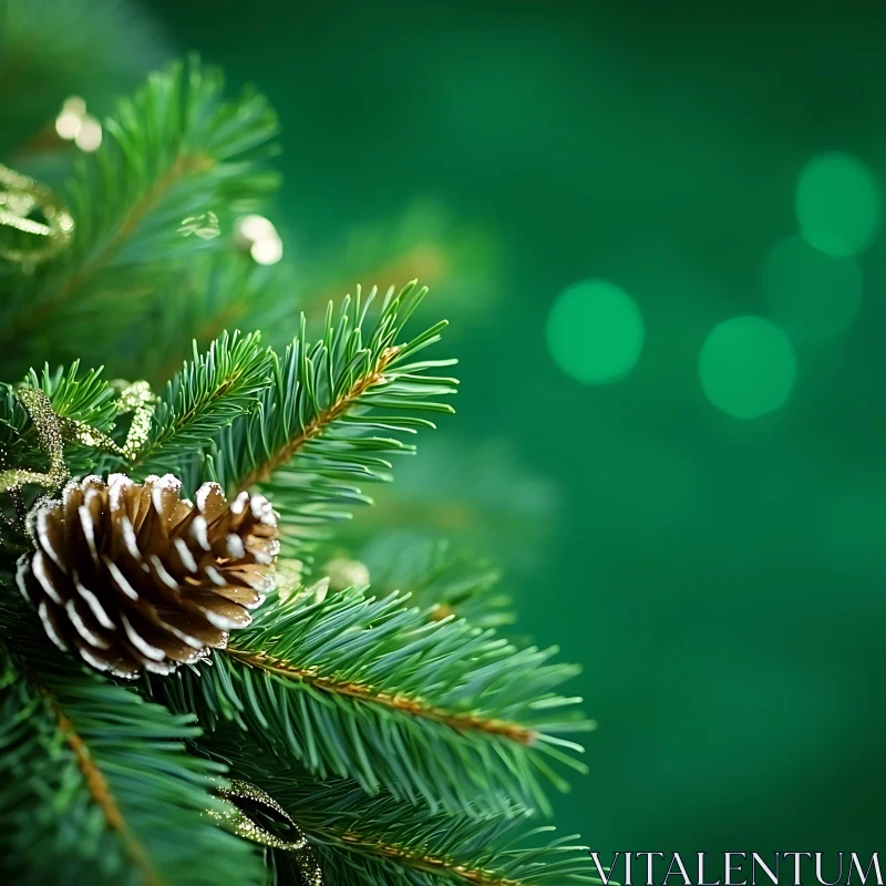 Snow-Dusted Pine Cone on Evergreen Branch AI Image