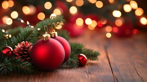 Holiday Decorations with Red Baubles and Pinecones