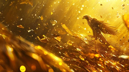 Majestic Golden Eagle Soaring Through a Field of Golden Shards