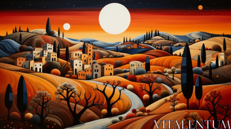 Moonlit Tuscany Countryside Painting AI Image
