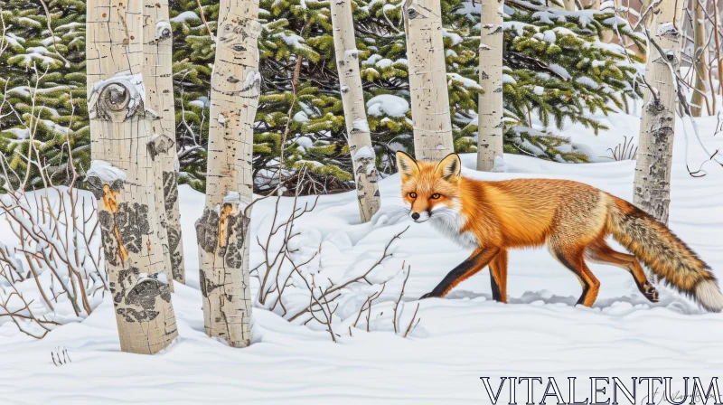 AI ART Red Fox Walking in Snowy Forest - Realistic Painting