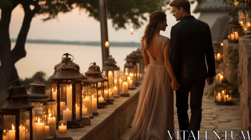 Romantic Wedding Couple Walking with Candle Lanterns AI Image