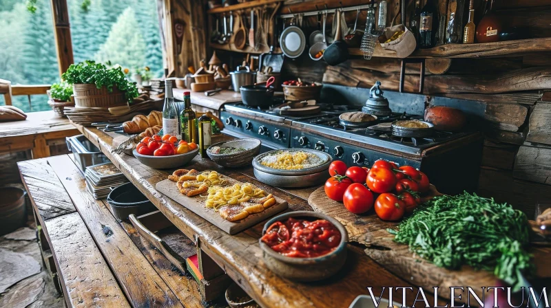 Rustic Kitchen with Wooden Table: A Cozy Culinary Haven AI Image
