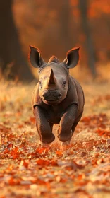 Baby Rhino Running Through Leaves