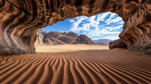 Desert Cave Opening with Sand Ripples and Mountain View