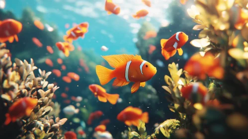 Clownfish Swimming in a Sunlit Coral Reef