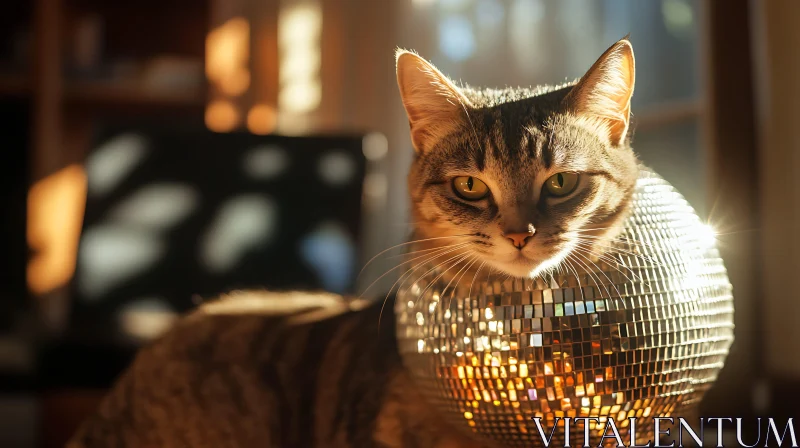 AI ART Cat and Disco Ball Sparkling in Evening Sun