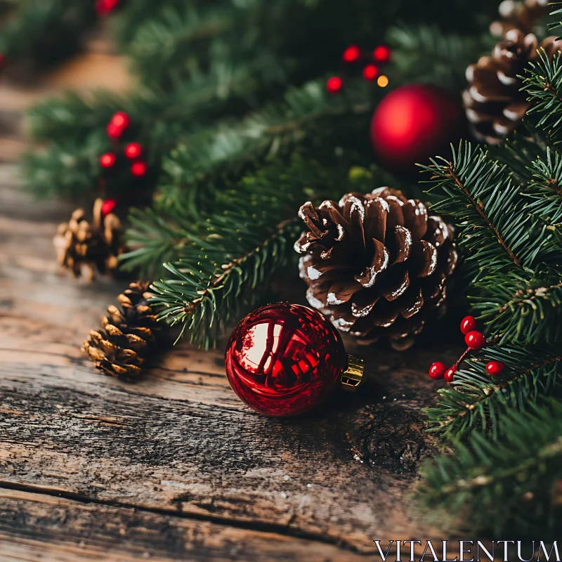 Christmas Decorations with Pinecones and Red Ornaments AI Image