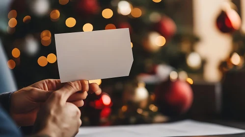 Hands with Blank Card and Christmas Tree in Background