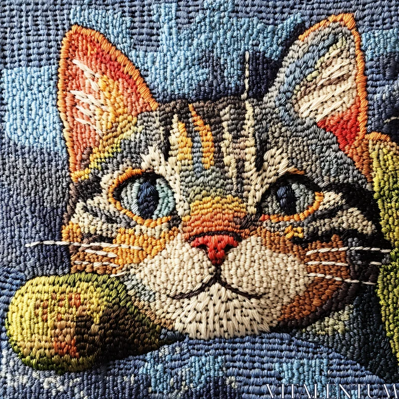 Colorful Textile Art of a Cat AI Image